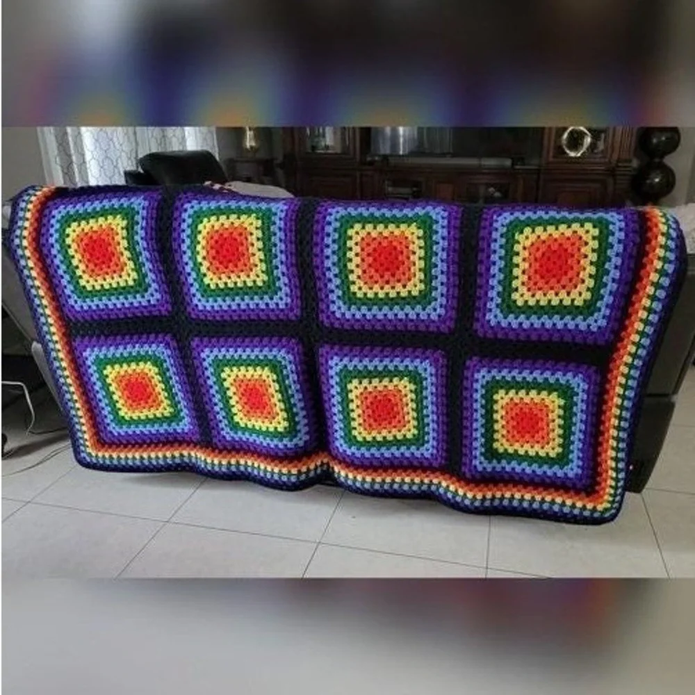 Vintage Colorful Crochet Blanket with Geometric Pattern Size 6X5 feet‎